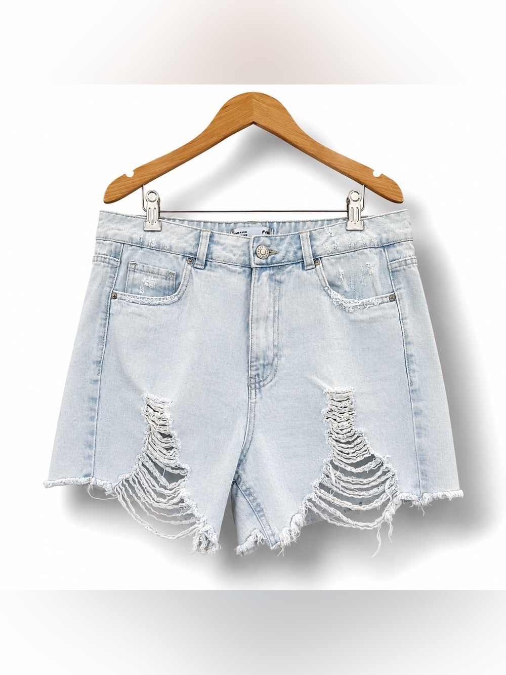 REFUGE Distressed Light Wash Denim Cutoff Shorts High Rise Festival Y2K 7